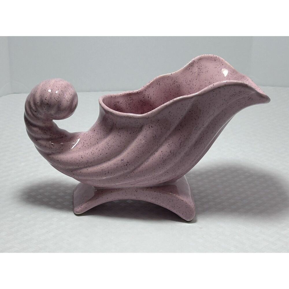 Vintage Cornucopia Horn‎ Art Plenty Pottery Vase Planter Pink Speckled Glaze